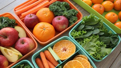 Healthy Lunch Boxes Filled with Colorful Fruits and Vegetables on a Wooden Table