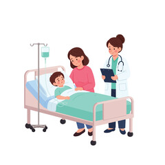 Concerned mother and doctor attending to a sick child resting in a hospital bed.