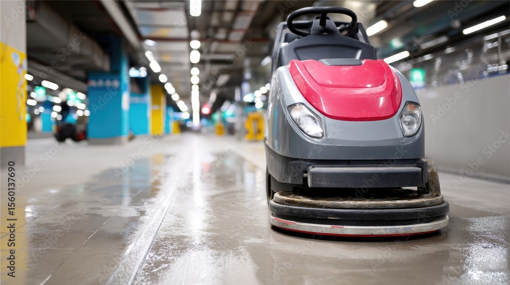 Poster cleaning path on dirty cement floor with floor scrubber machine in background