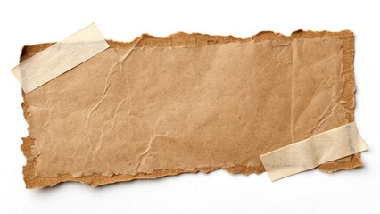 Torn Piece of Brown Paper with Adhesive Tape on a White Background for Messages