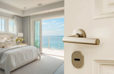 Opened White door of hotel suite sea view with blurred bedroom background