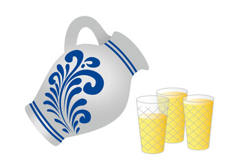 Ein Apfelwein Bembel und drei Gerippte: Tonkrug mit Gläsern, typisch in Hessen, freistehend, transparent ohne Hintergrund 
