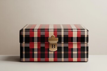 Plaid keepsake box with letter B charm on gold clasp Red black tan check pattern treasure decorative