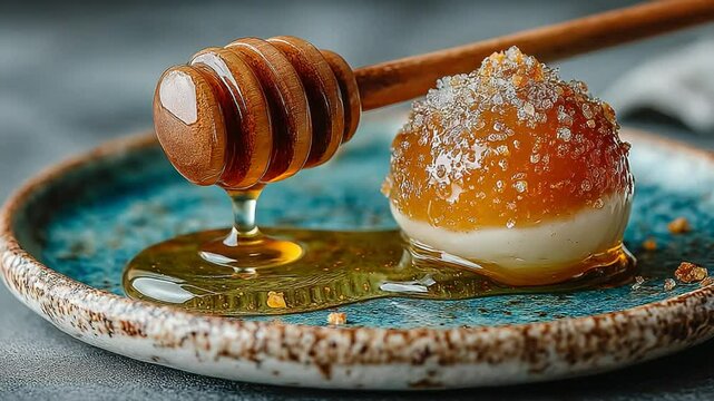 Delicious Dessert: Honey dripping onto a sugar-coated sweet on a rustic plate