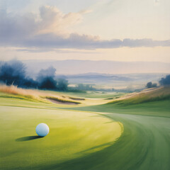 Dreamy watercolor: serene golf course, solitary blurred golf ball, soft greens/blues, tranquil, wall decor.