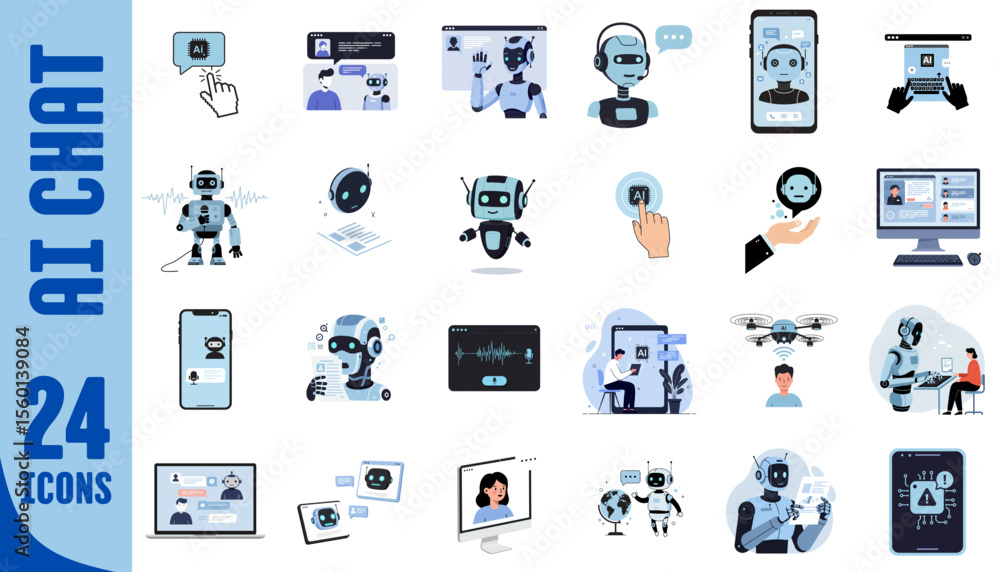 Poster ai chat icons featuring various robots and technology elements