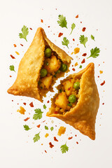 Samosas with potato and peas filling on white background with herbs and spices
