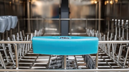 Fototapeta premium Detergent tray open with cleaning tab inserted, close-up on dishwasher door panel