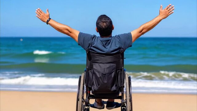 A man joyfully stretches his arms wide while sitting in a wheelchair as ocean waves gently crash onto the sandy beach