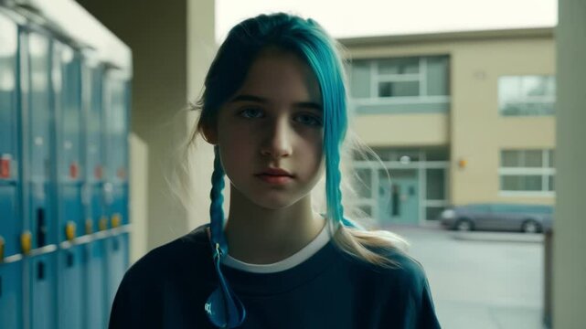 Young person with blue hair expressing pride