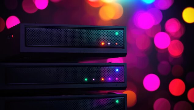 Stack of dark, rectangular server units with glowing indicators against a backdrop of vibrant bokeh