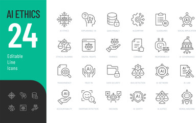 Ai ethics Editable Icons set. Vector illustration in modern thin line style of technology related icons: fairness, transparency, data privacy, and more. Isolated on transparent background.