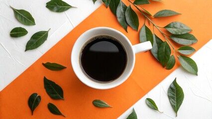 Overhead shot of black coffee with green leaves on white and orange background