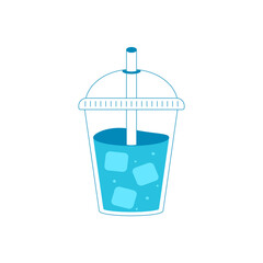 Iced drink in a plastic cup with a lid and straw. Flat vector illustration in blue color, perfect for summer, beverage, refreshment, and cafe designs.
