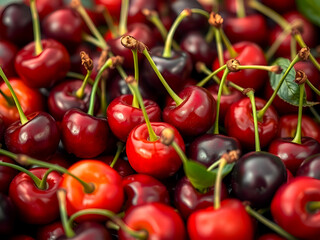 Fresh ripe red appetizing cherry - fruit food background. Natural fresh sweet cherry fruit background. Detail shot from red cherries.