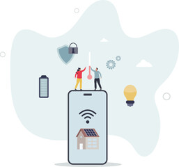 Smart home, IOT administration.mobile app in phone monitoring system of building. character life .