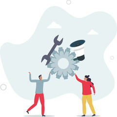 Automation of work.people work with gears of machine. character life .