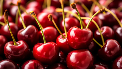 Many ripe appetizing clean healthy red cherry - colorful beautiful fruit food background. Natural fresh sweet cherry fruit widescreen background.