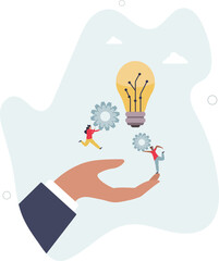 Automation of work.team of employees near light bulb and parts of mechanism. character life .