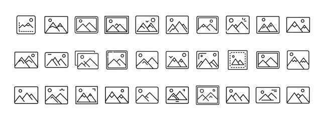 Image icon set. Containing photo, gallery, landscape, picture, image file, media, album and snapshot icons. Solid icon collection.