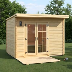 Modernes Gartenhaus aus Holz mit Doppeltür und Flachdach im Grünen
