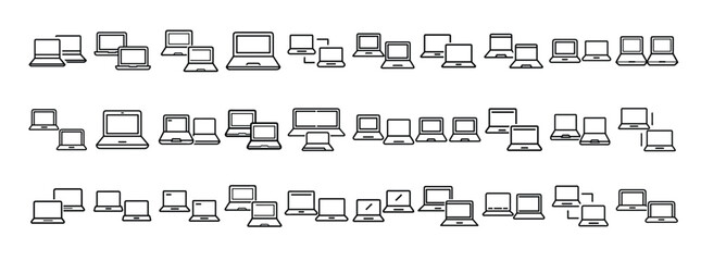 Laptop icon set. Containing computer, notebook, PC, desktop, technology, monitor, screen and device icons. Solid icon collection.