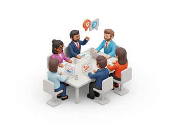 3d icon of team discussion around table, business team collaboration, modern isometric style, clay 3d render, white background.
