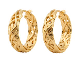 Vintage Gold Hoop Earrings – Engraved Pattern Jewelry PNG on White Background.