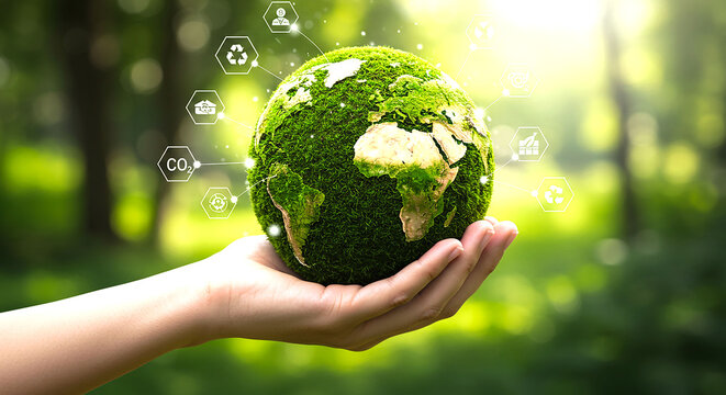 Hand holding a moss covered globe with environmental icons over a blurred green background outside scene