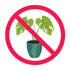 Forbidden plant icon, forbidden sign with monstera plant, no houseplants allowed prohibiton sign, isolated on white background
