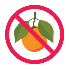Forbidden sign with orange fruit icon, no citrus fruit allowed sign, orange prohibition sign, do not eat orange symbol, isolated on white background