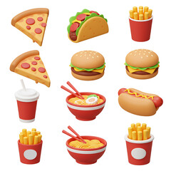Cartoon Food Set with Pizza, Burger, Taco, and More