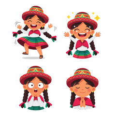 Joyful Andean girl character poses showcasing various happy and surprised expressions.