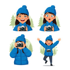 A young girl in winter attire, joyfully holding a camera, capturing moments.