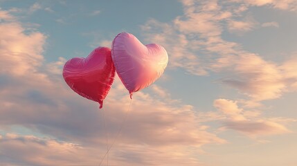 Two heart-shaped balloons gently floating in a pastel-colored sky, evoking romantic emotions with soft diffused light and dreamy atmosphere for love and celebration concepts

