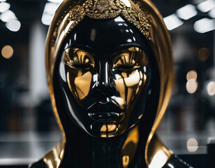 a woman's face crafted from marble and accented with gold elements