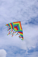 Bright kite against the cloudy sky. Toy for children and adults. Outdoor activities. Colorful kite...