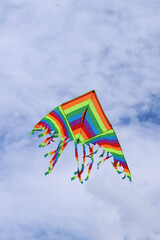 Bright kite against the cloudy sky. Toy for children and adults. Outdoor activities. Colorful kite...