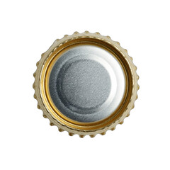 Close-up of a bottle cap, gold rim, silver center