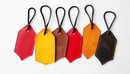 Minimalist leather tags hanging on black thread in warm colors - red, yellow, orange, brown, white background, simple, stylish, craftsmanship