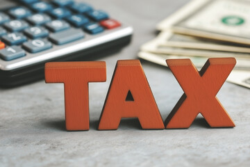Word TAX and calculator for tax return, accounting, and personal finance management concept