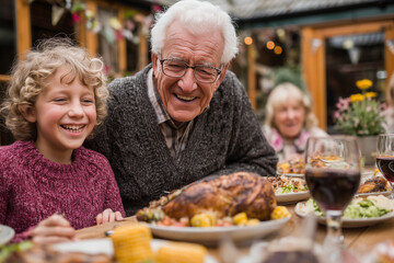 loving grandparents enjoying lunch with grandchildren in sunny garden