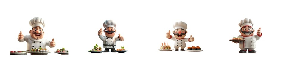 Set of cartoon chefs presenting food dishes isolated on transparent background