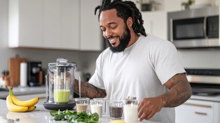 Latino man in workout gear making a protein smoothie with fresh ingredients on a modern kitchen island. Clean and bright kitchen background