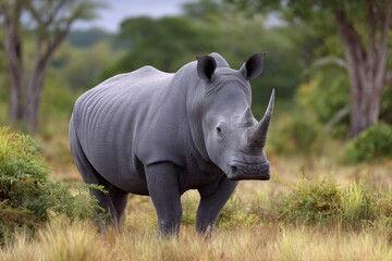 Obraz premium A gray rhinoceros stands in a grassy field under the backdrop of trees