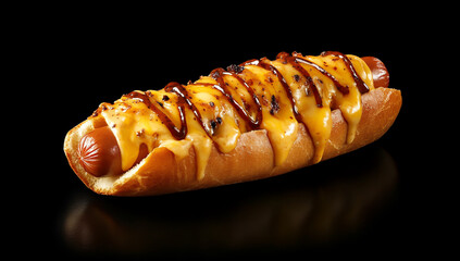 Perfectly baked wrapped hot dog with melted cheese and truffle sauce