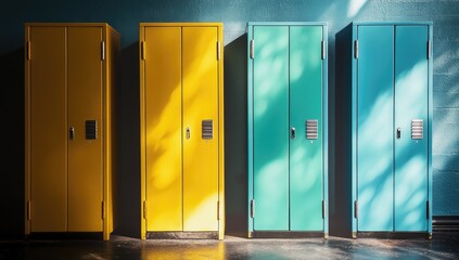 Four colorful lockers in a school hallway, bathed in sunlight, casting shadows