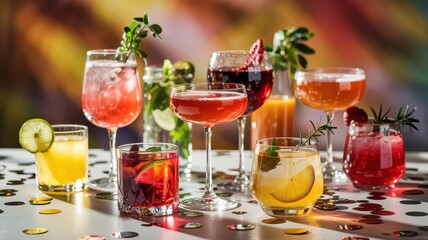 A vibrant assortment of cocktails garnished with citrus, berries, and herbs sits on a confetti-covered table, perfect for lively parties and celebrations.