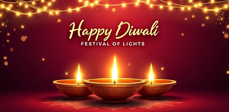 Three lit diyas on deep red background with festive string lights diwali festival of lights