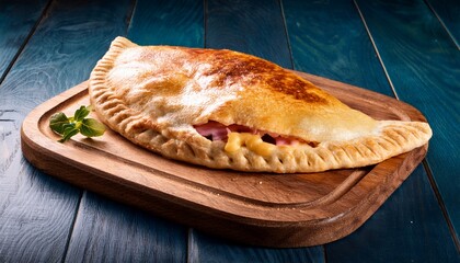 delicious homemade calzone filled with cheese and ham on wooden board